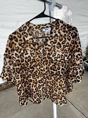 DKNY Brown and Black Leopard Print Button-Up Blouse
